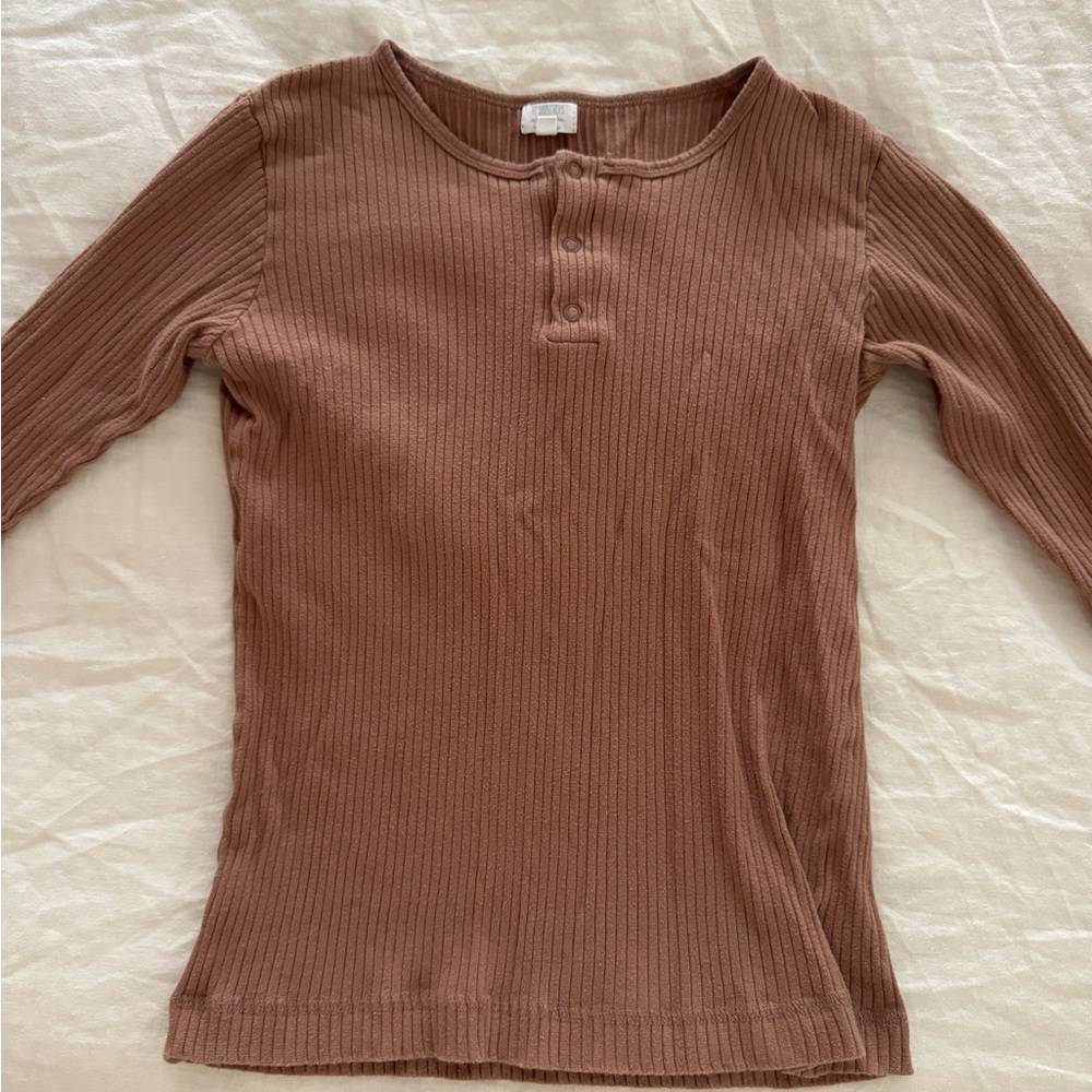 Ribbed Henley Long Sleeve Top - Brown